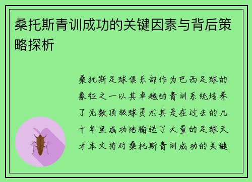 桑托斯青训成功的关键因素与背后策略探析 桑托斯青训成功的关键因素与背后策略探析