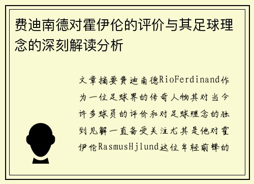 费迪南德对霍伊伦的评价与其足球理念的深刻解读分析 费迪南德对霍伊伦的评价与其足球理念的深刻解读分析